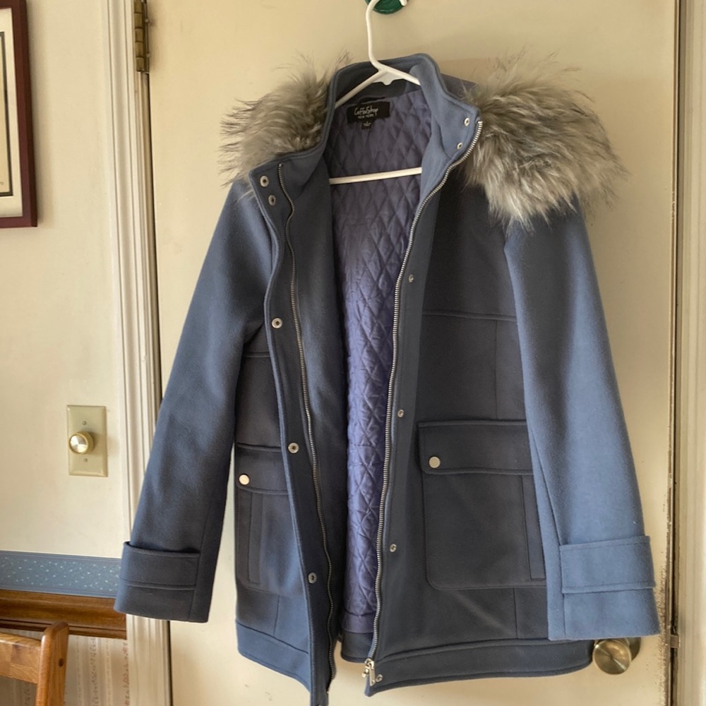 Blue coat. Coffee Shop large coat. Very warm and comfortable